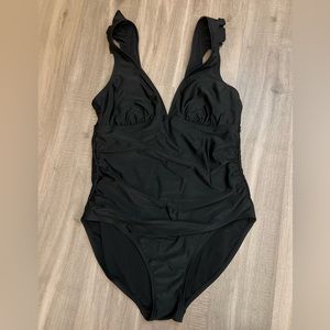 Kona Sol women’s black one piece swimsuit ruffle plunge V neck L large